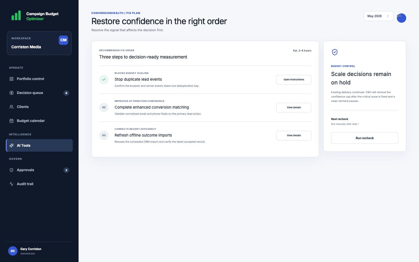 ConversionHealth recommended fix plan showing the order for restoring trustworthy conversion measurement